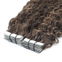 Curly Tape Human Hair Extensions  3c #2/16 Dark Brown & Natural Blonde Highlights