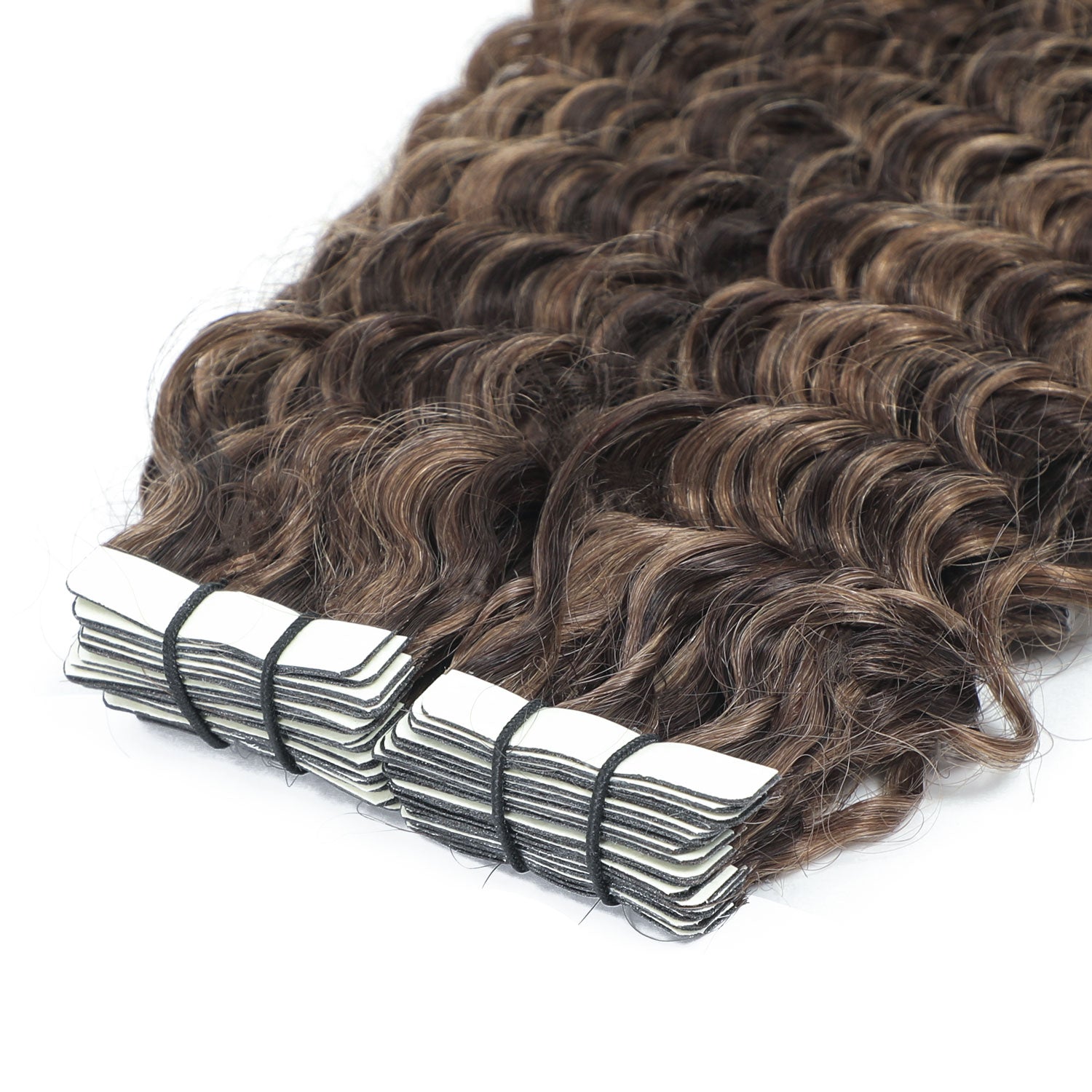Curly Tape Human Hair Extensions  3c #2/16 Dark Brown & Natural Blonde Highlights