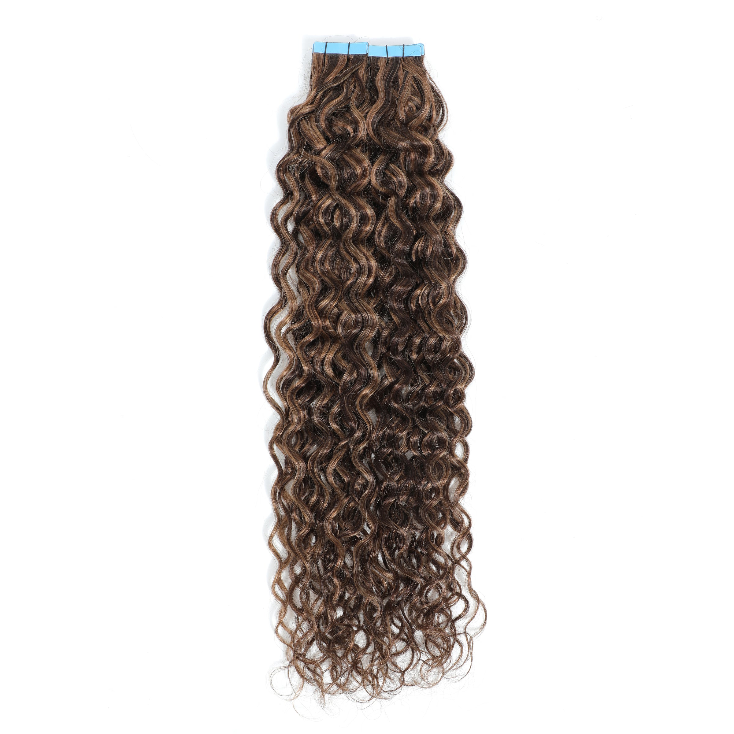 Curly Tape Human Hair Extensions 3B #2/10 Dark Brown & Caramel Blonde Highlights