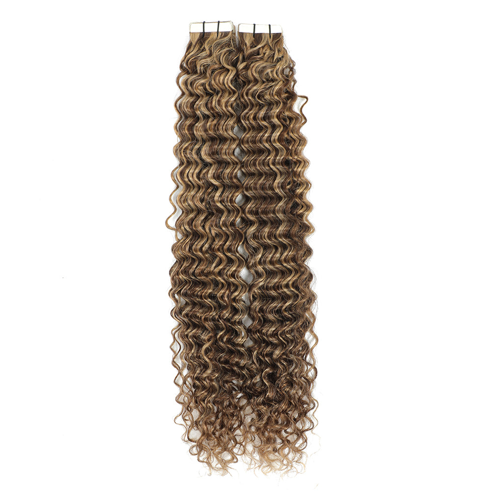 Curly Tape Hair Extensions  #4/27 Chestnut Brown & Bronzed Blonde Highlights