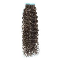 Mix Shade of Brown curly hair extensions with blue tape on a white background