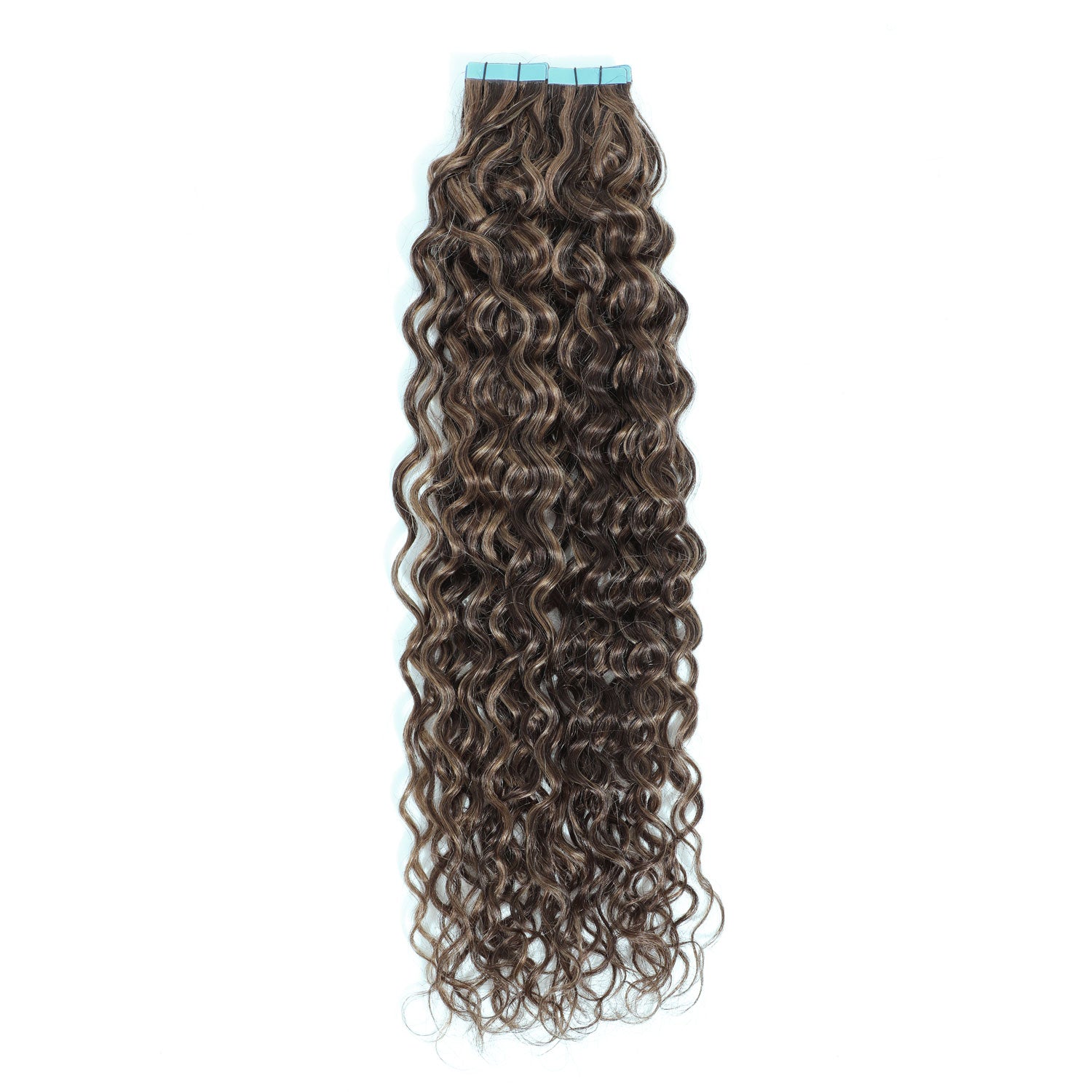 Mix Shade of Brown curly hair extensions with blue tape on a white background