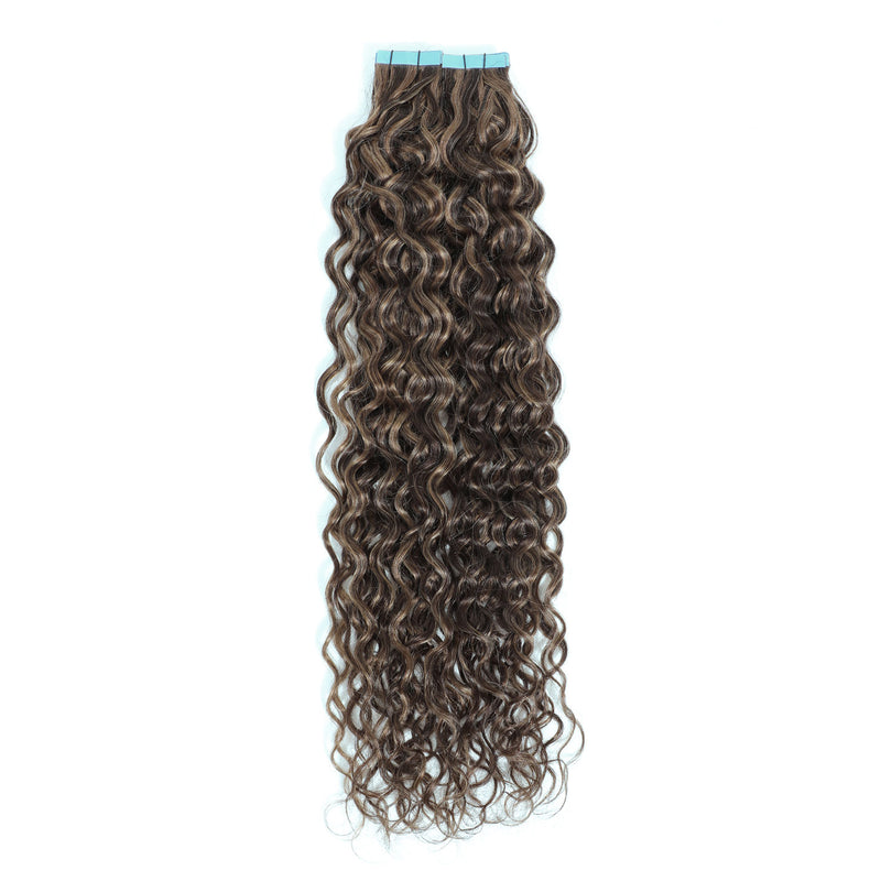 Mix Shade of Brown curly hair extensions with blue tape on a white background