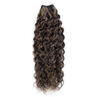 Curly hair extension with brown and black color on a white background