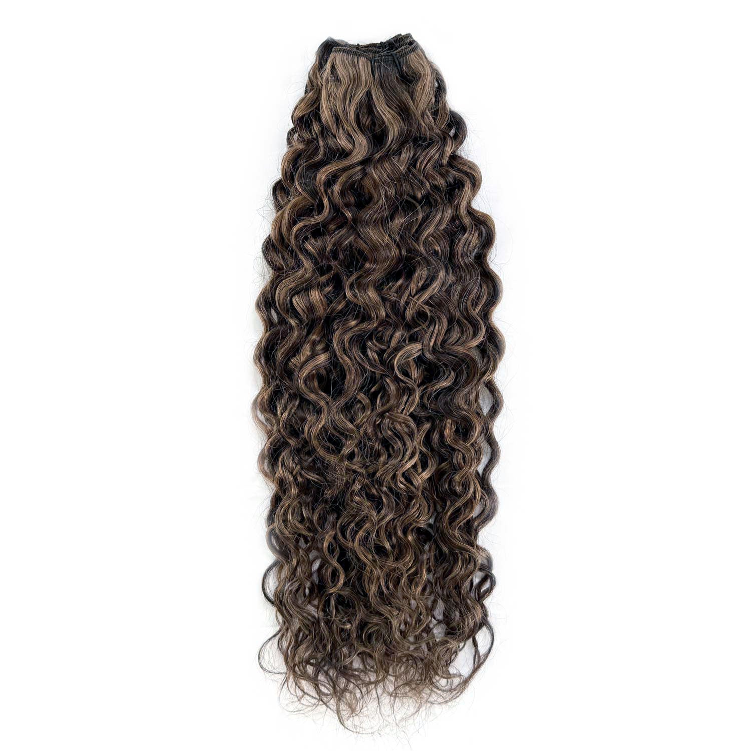 Curly hair extension with brown and black color on a white background