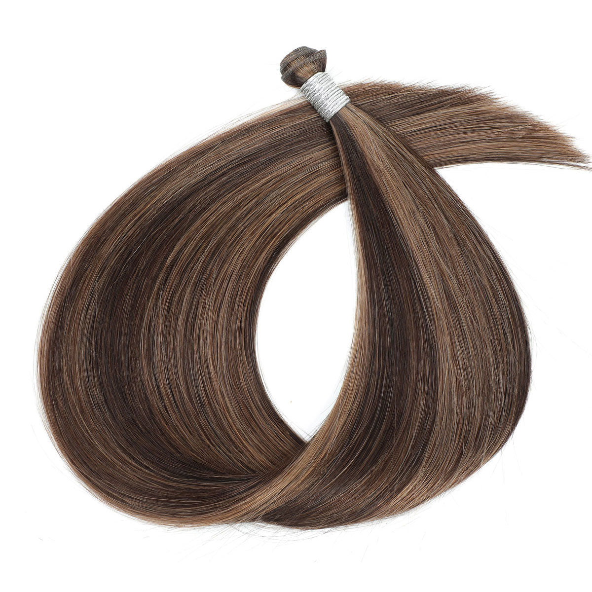 Genius Weft Mix shade brown and blonde mix hair extensions on a white background