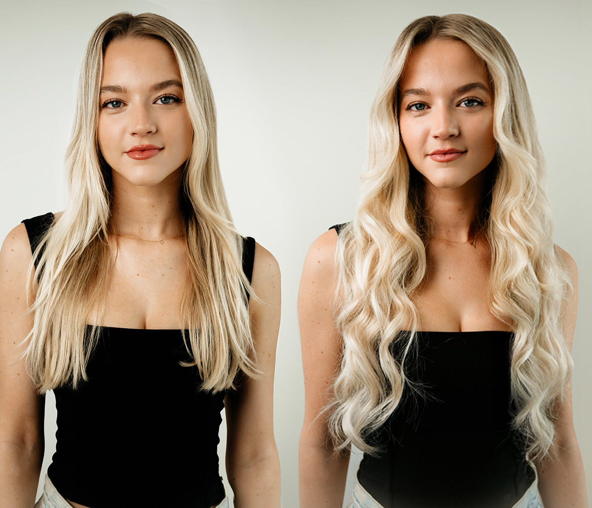 Side-by-side comparison of a woman with straight and wavy blonde hair against a neutral background.
