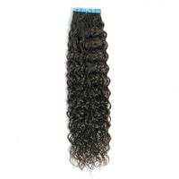 Dark Brown Curly hair extensions with blue tape on a white background