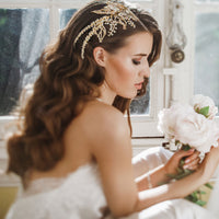 قطعة شعر العروسة مرصعة بأحجار الراين الذهبية