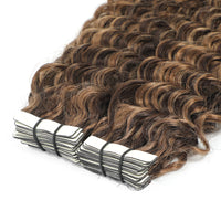 Curly Tape Human Hair Extensions  #2/10 Dark Brown & Caramel Lowlights