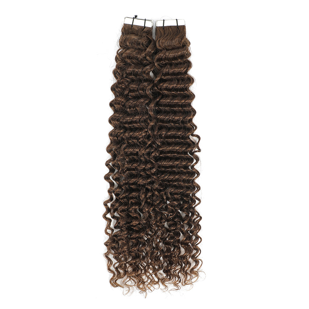 Curly Tape Human Hair Extensions  #4 Chestnut Brown