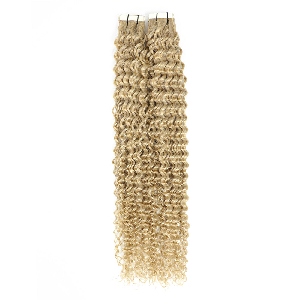 Curly Tape Human Hair Extensions  #18a/60 Ash & Platinum Blonde Highlights