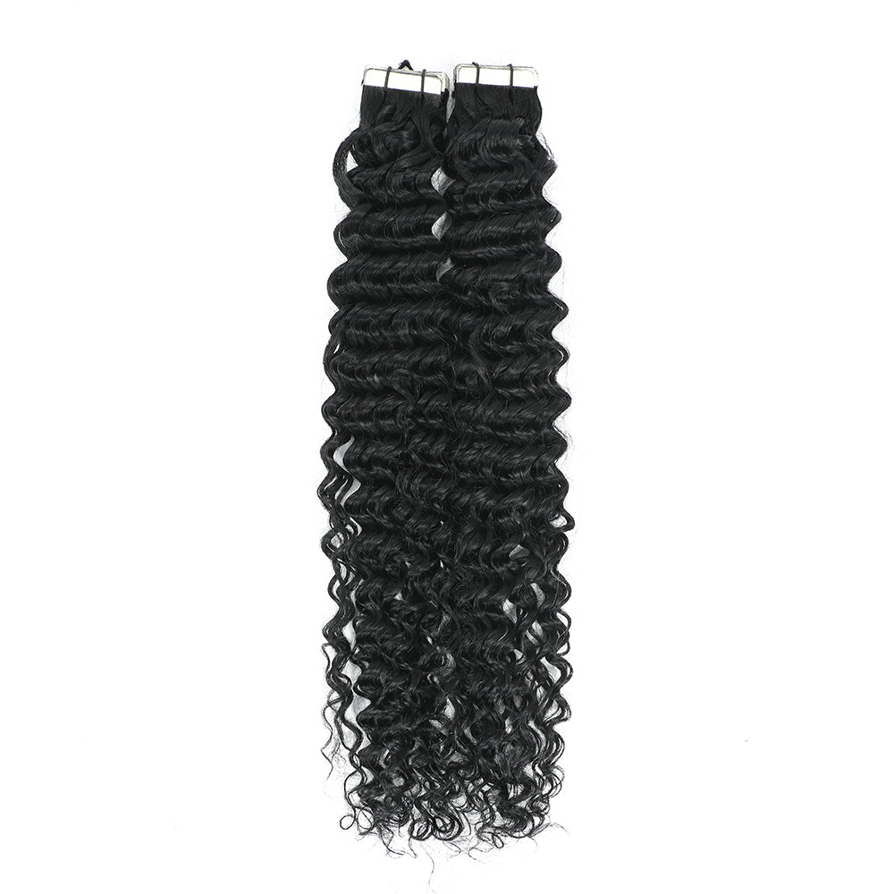Curly Tape Human Hair Extensions  #1 Jet Black