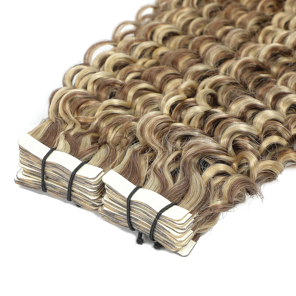 Curly Tape Hair Extensions  #8/60 Brown & Platinum Blonde Highlights