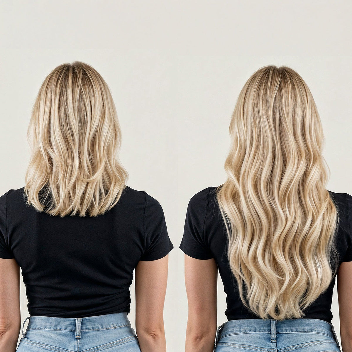 back view before and after hair extensions picture of model