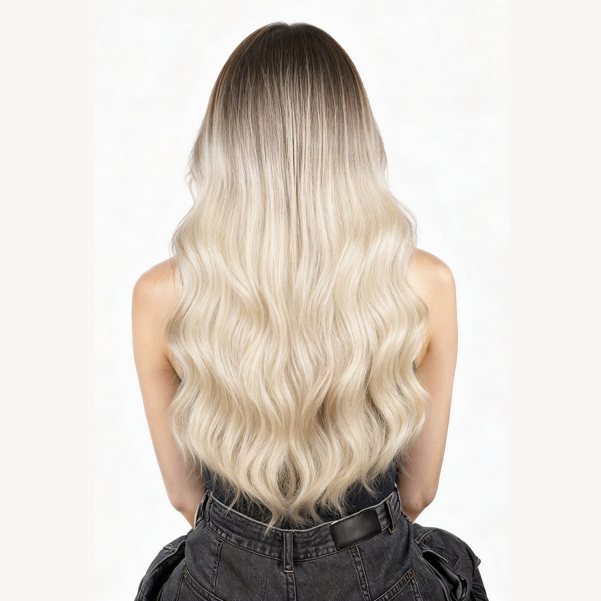 Long Hair Extensions Back View of a model with Ash brown roots and pearl blonde hair