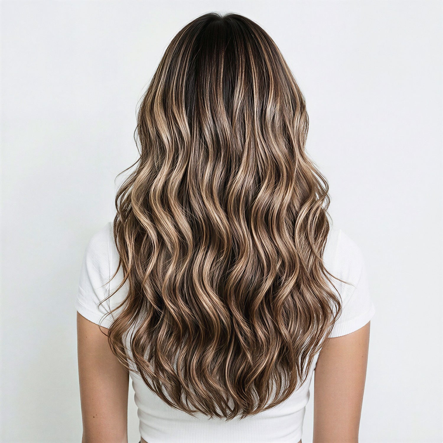 Person with long, wavy hair extensions in a neutral setting