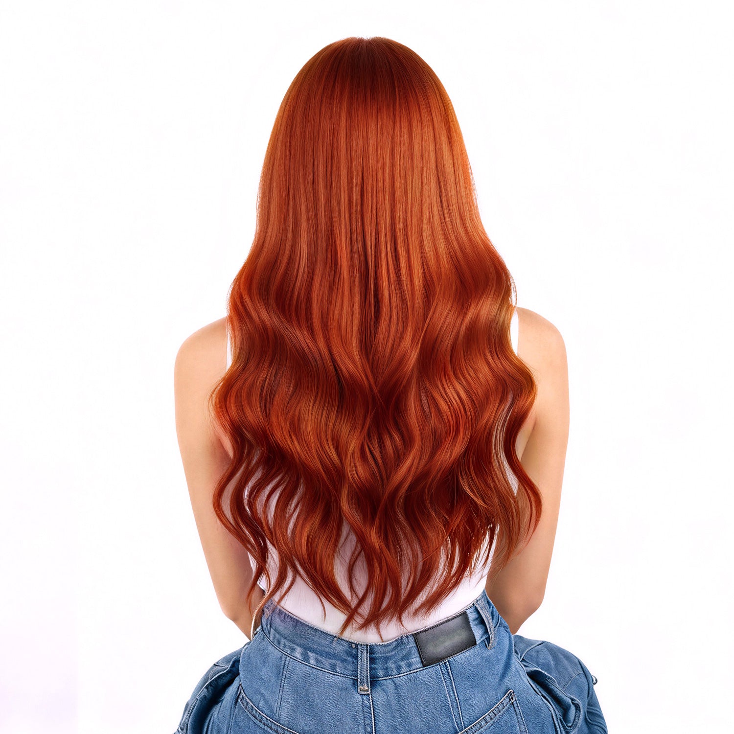 Person with long, wavy copper hair extensions on a white background