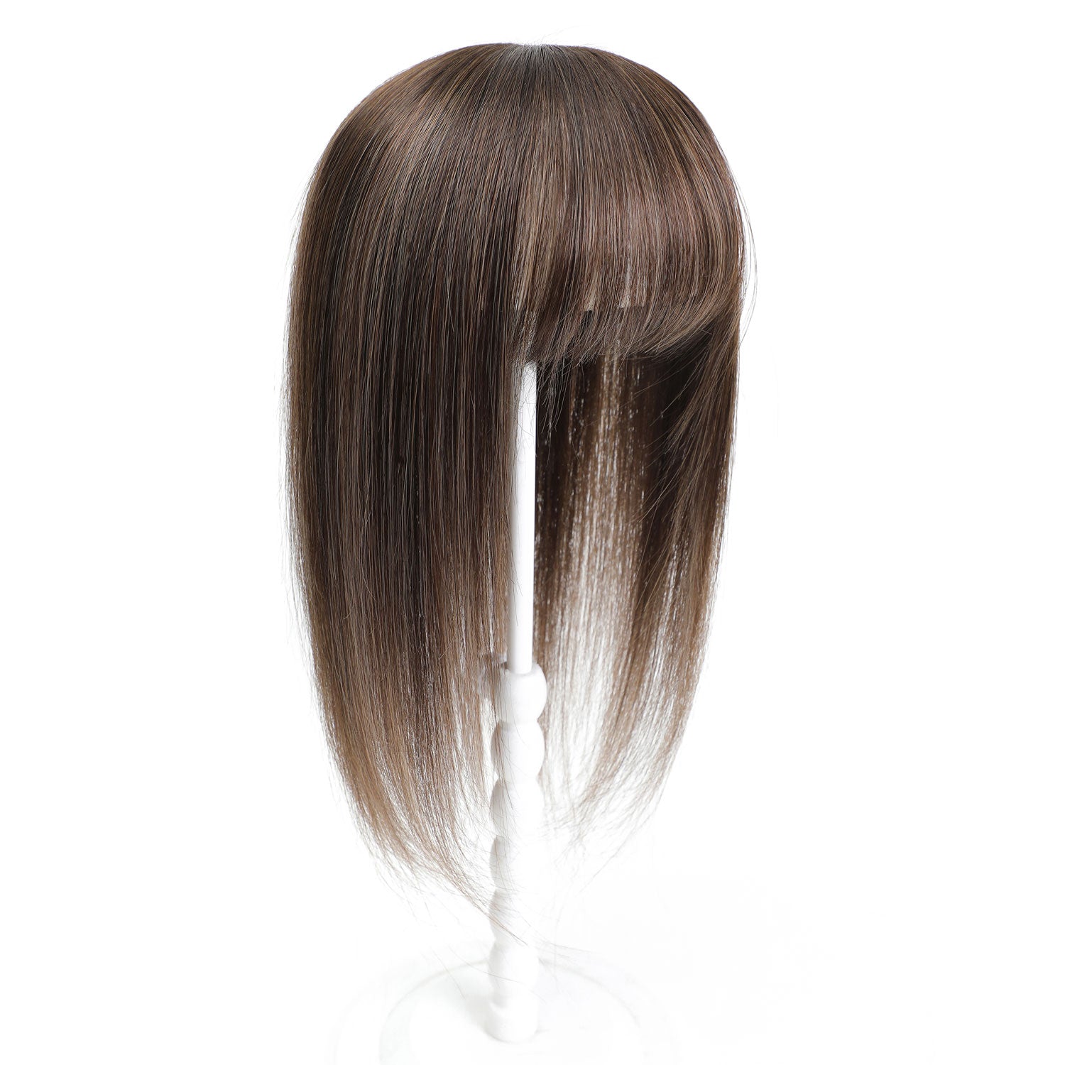 Human Hair Topper with Bangs #2c/2c/8a Rooted Chocolate and Ash Brown Balayage