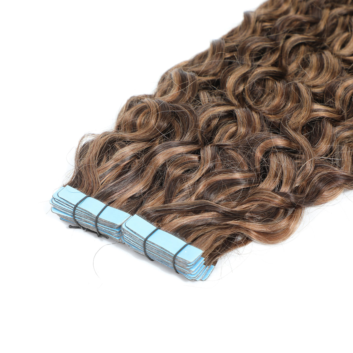 Curly Tape Human Hair Extensions 3B #2/10 Dark Brown & Caramel Blonde Highlights