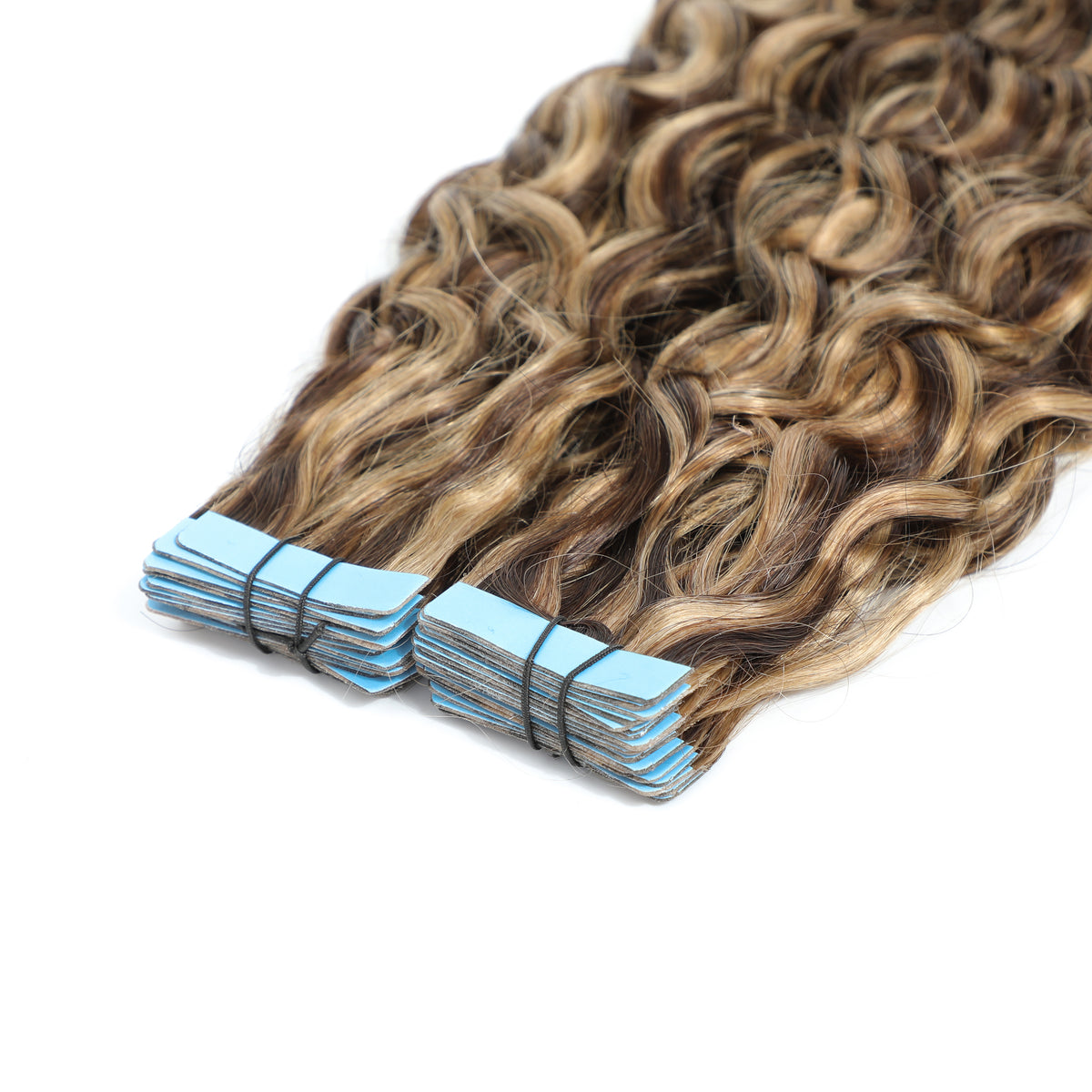 Curly Tape Human Hair Extensions 3B  3c #2/16 Dark Brown & Natural Blonde Highlights