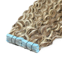 Curly Tape Hair Extensions 3B  #8/60 Brown & Platinum Blonde Highlights