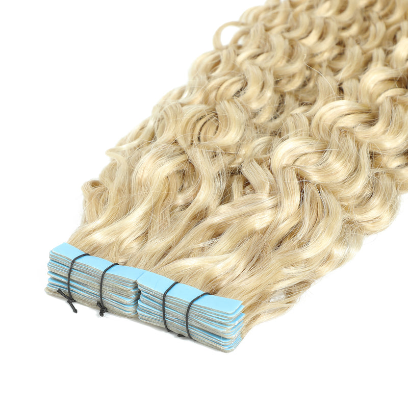 Curly Tape Human Hair Extensions 3B  #18a/60 Ash & Platinum Blonde Highlights