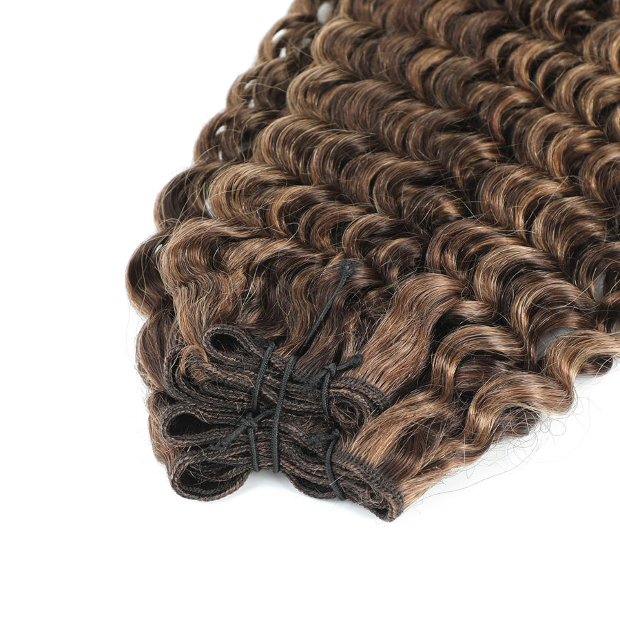 Weft Curly Hair Extensions 3C #2/10 Dark Brown and Caramel Highlights