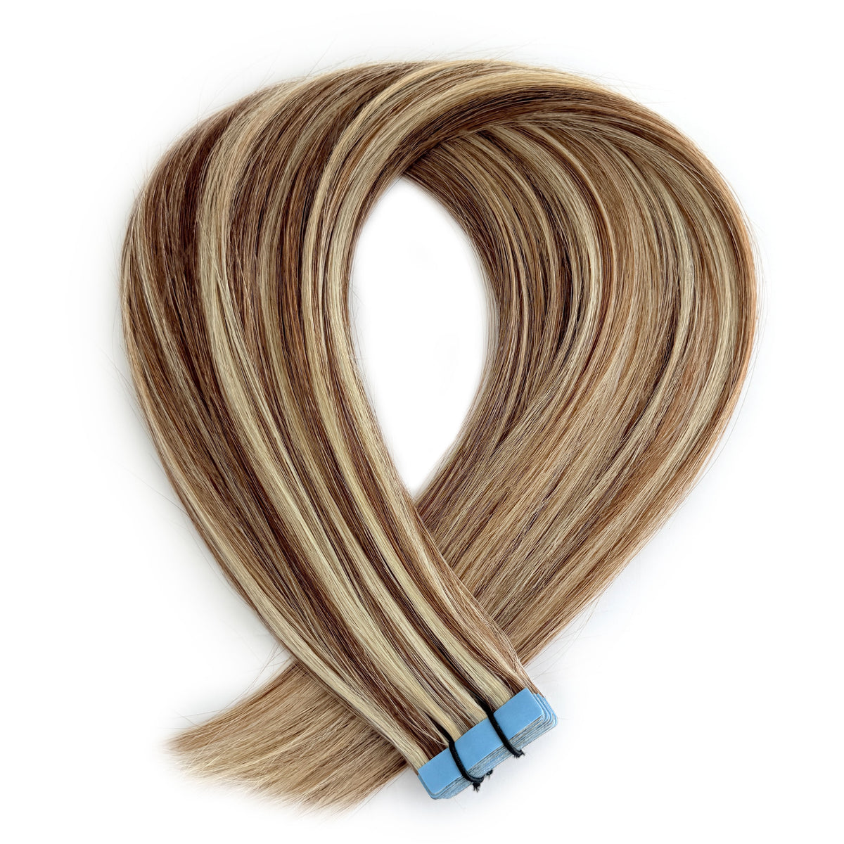 A bundle of straight hair extensions with highlighted blonde streaks, tied together with blue bands, shown on a plain white background.