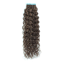 Mix Shade of Brown curly hair extensions with blue tape on a white background