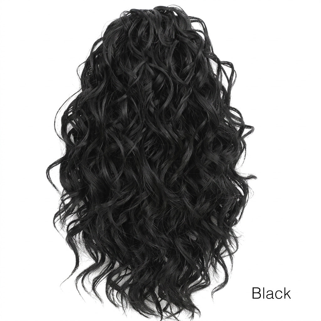 Jet black hair extension with wavy texture on a white background