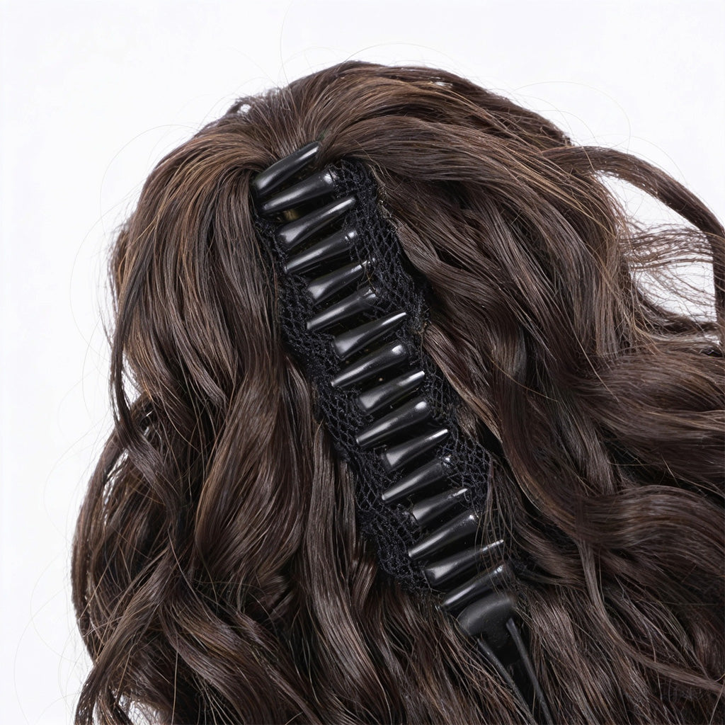 Brown hair extension with a black clip on a white background