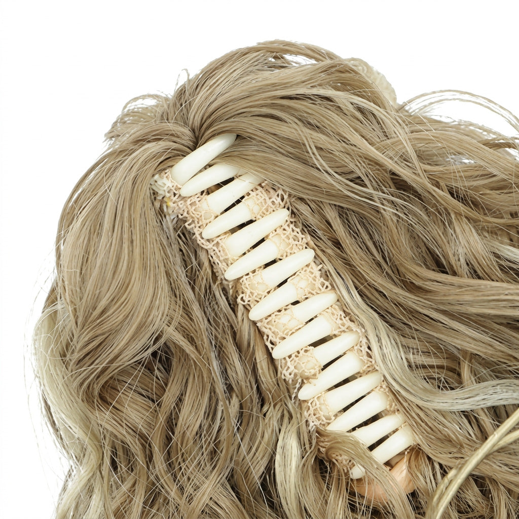 Blonde hair extension with a decorative clip on a white background