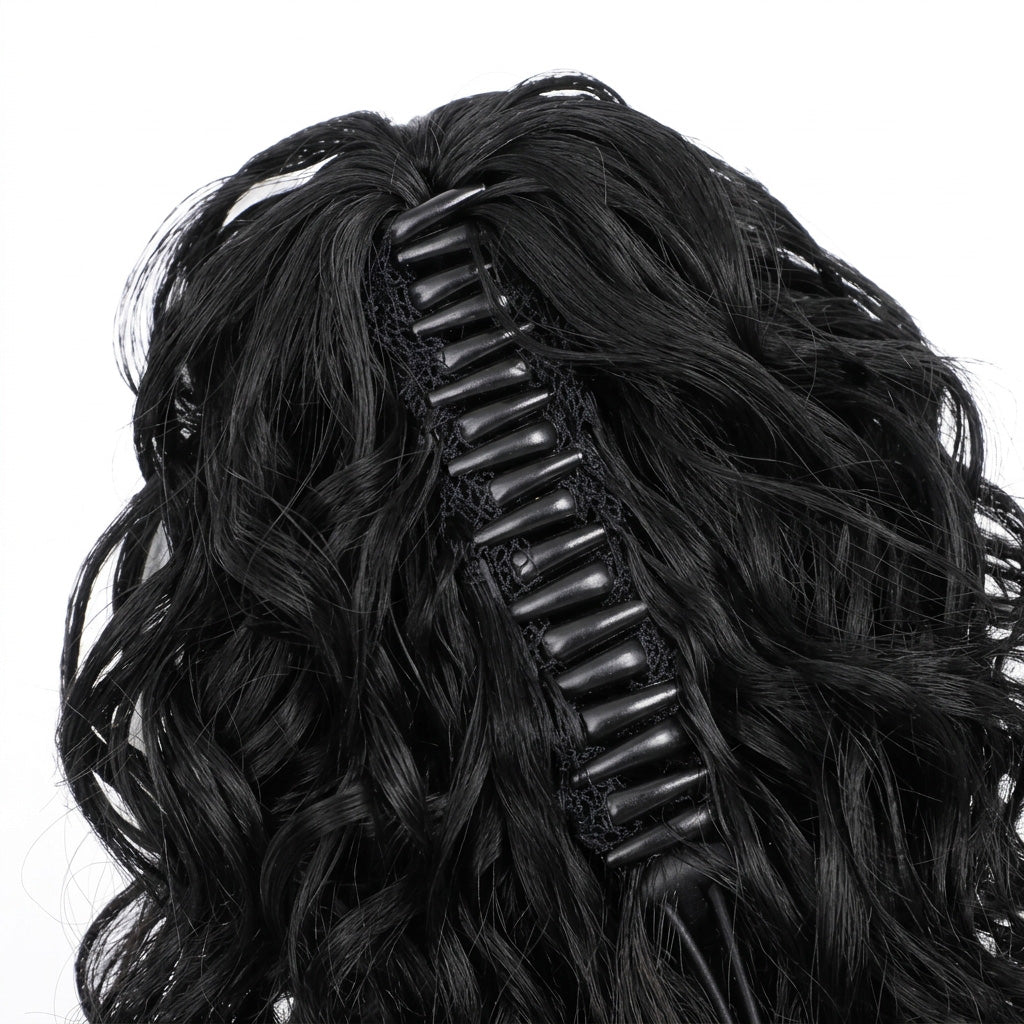 Black hair extension with decorative elements on a white background