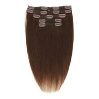 A set of 5 straight clip-in hair extensions with a medium brown color, displayed against a solid white background.