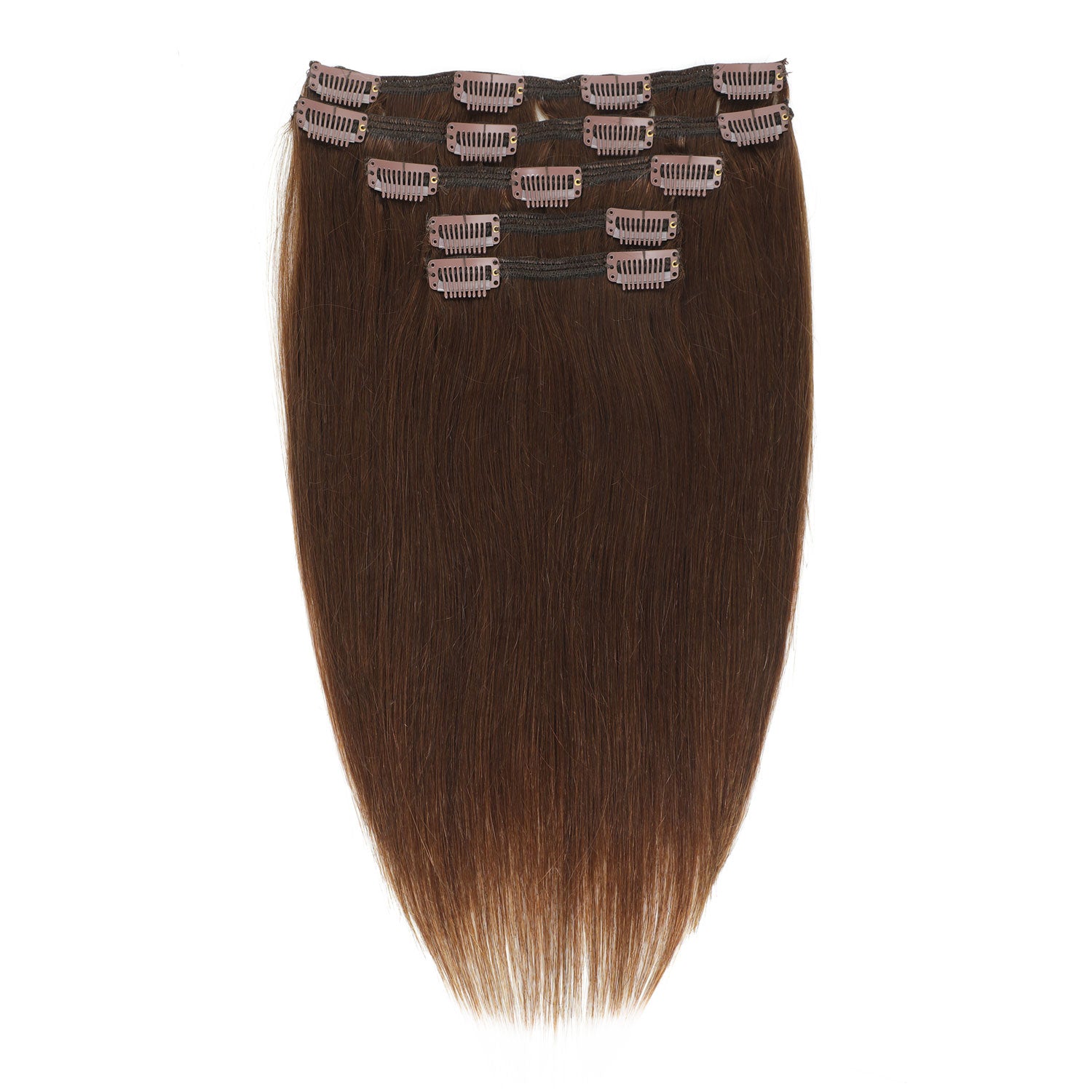 A set of 5 straight clip-in hair extensions with a medium brown color, displayed against a solid white background.