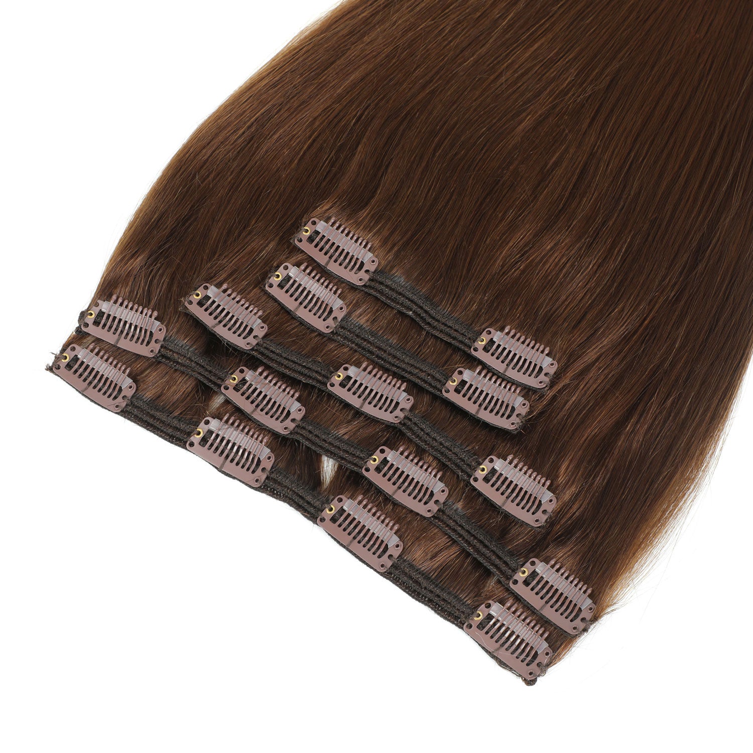 Brown clip-in hair extensions with multiple small metal clips attached to elastic bands, shown against a plain white background.