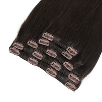 Dark brown clip-in hair extensions with multiple rose gold-toned attachment clips, shown against a plain white background.