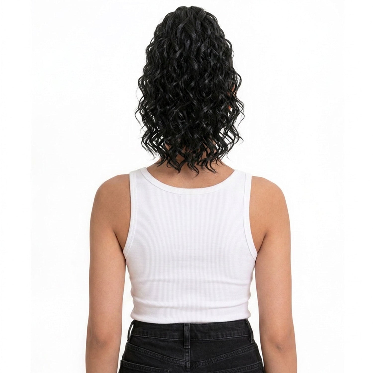 Person wearing a white tank top with curly hair on a white background