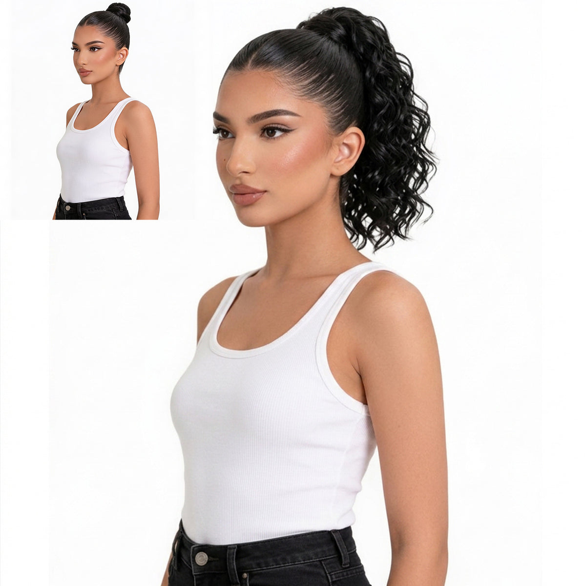 Woman wearing a white tank top with a ponytail, on a white background