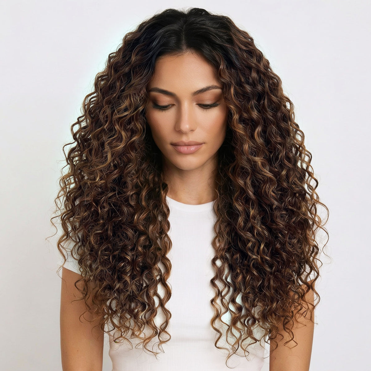 Woman with long, curly hair extensions wearing a white top on a light background