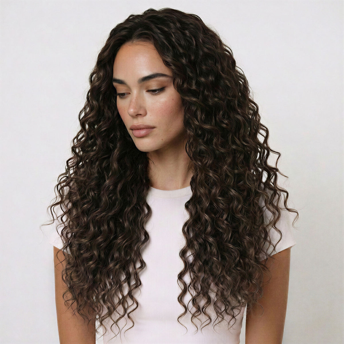 Woman with long, curly hair extensions wearing a white top against a plain background