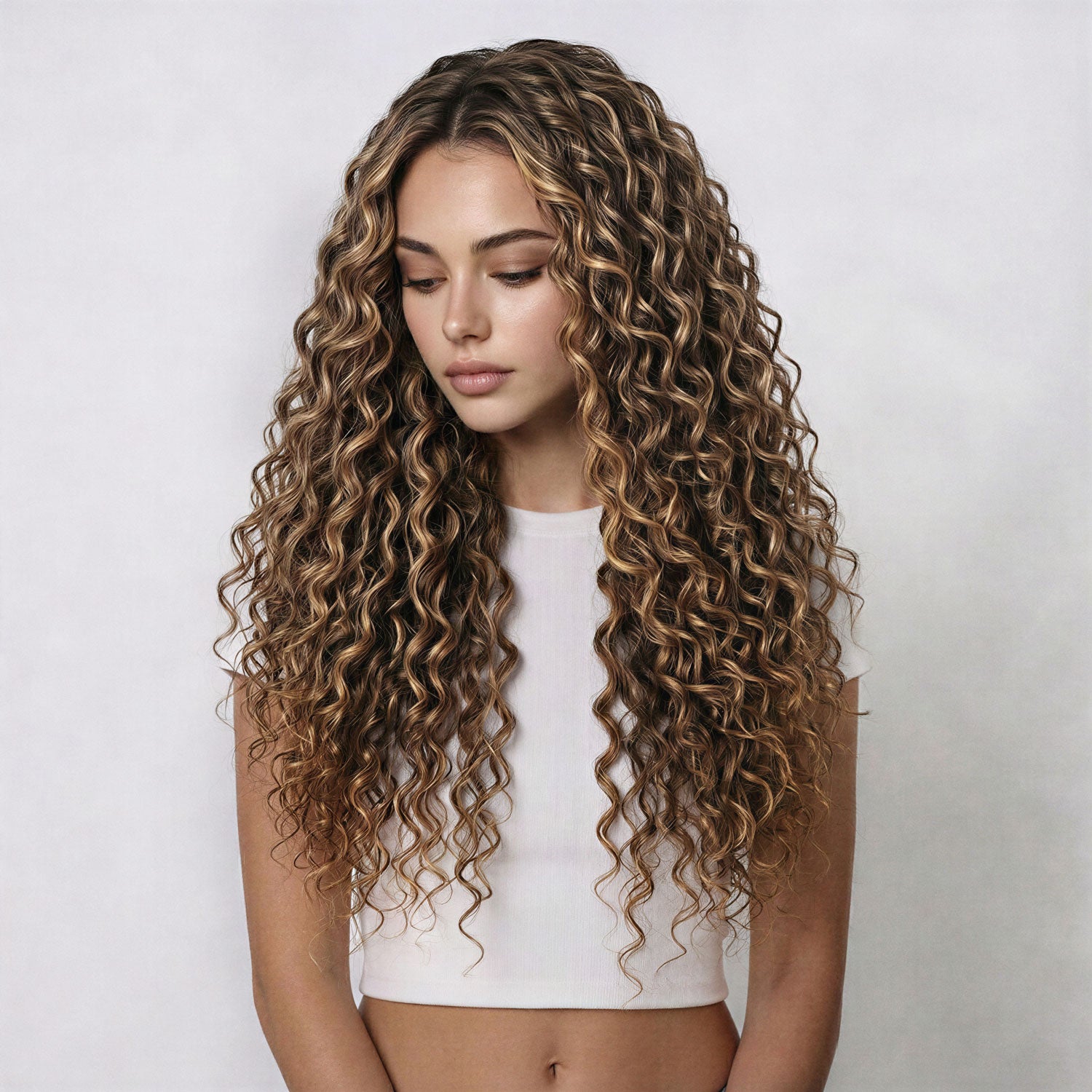 Woman with long, curly hair extensions wearing a white top against a plain background