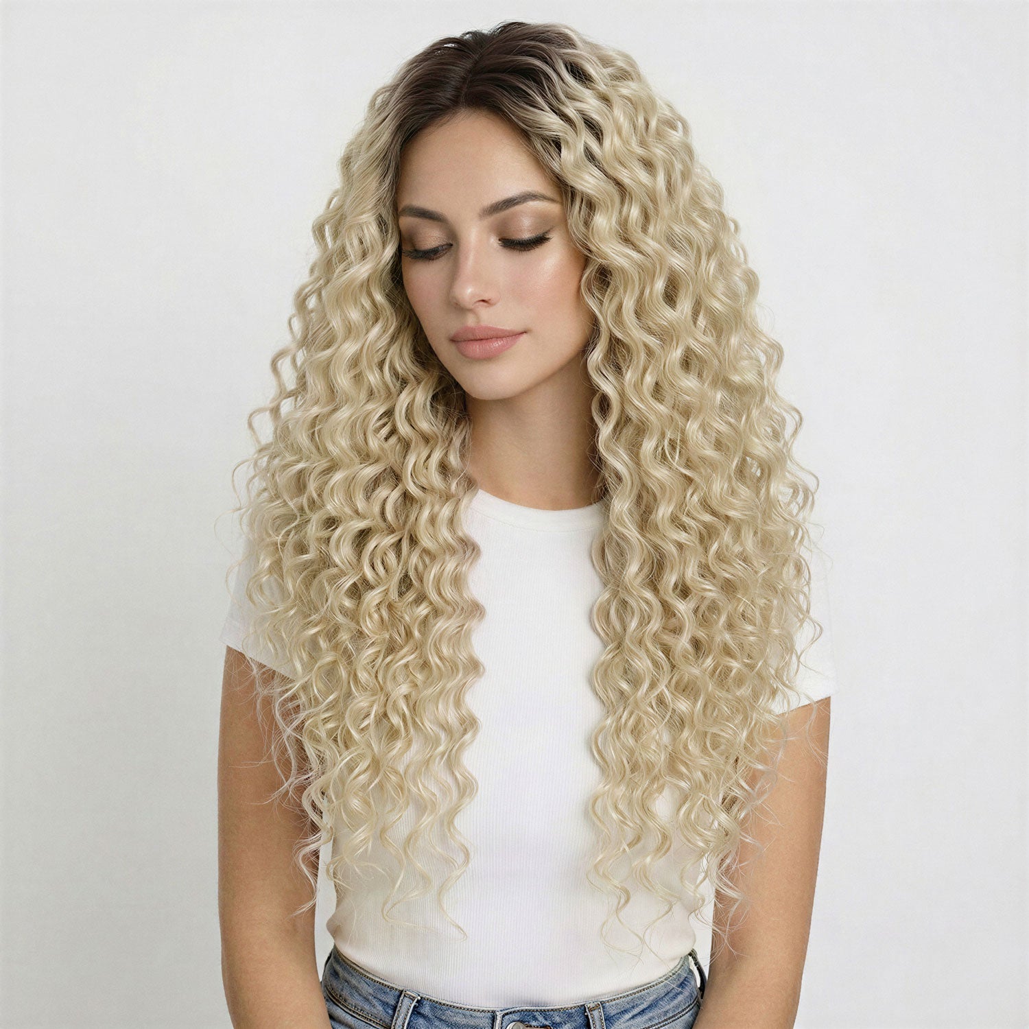 Woman with long, curly clip in hair extensions blonde wearing a white top and blue jeans on a light gray background