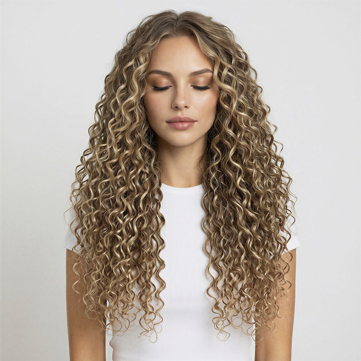 Woman with long, wavy Cinnamon brown and sandy blonde curly hair extensions wearing a white top on a light grey background