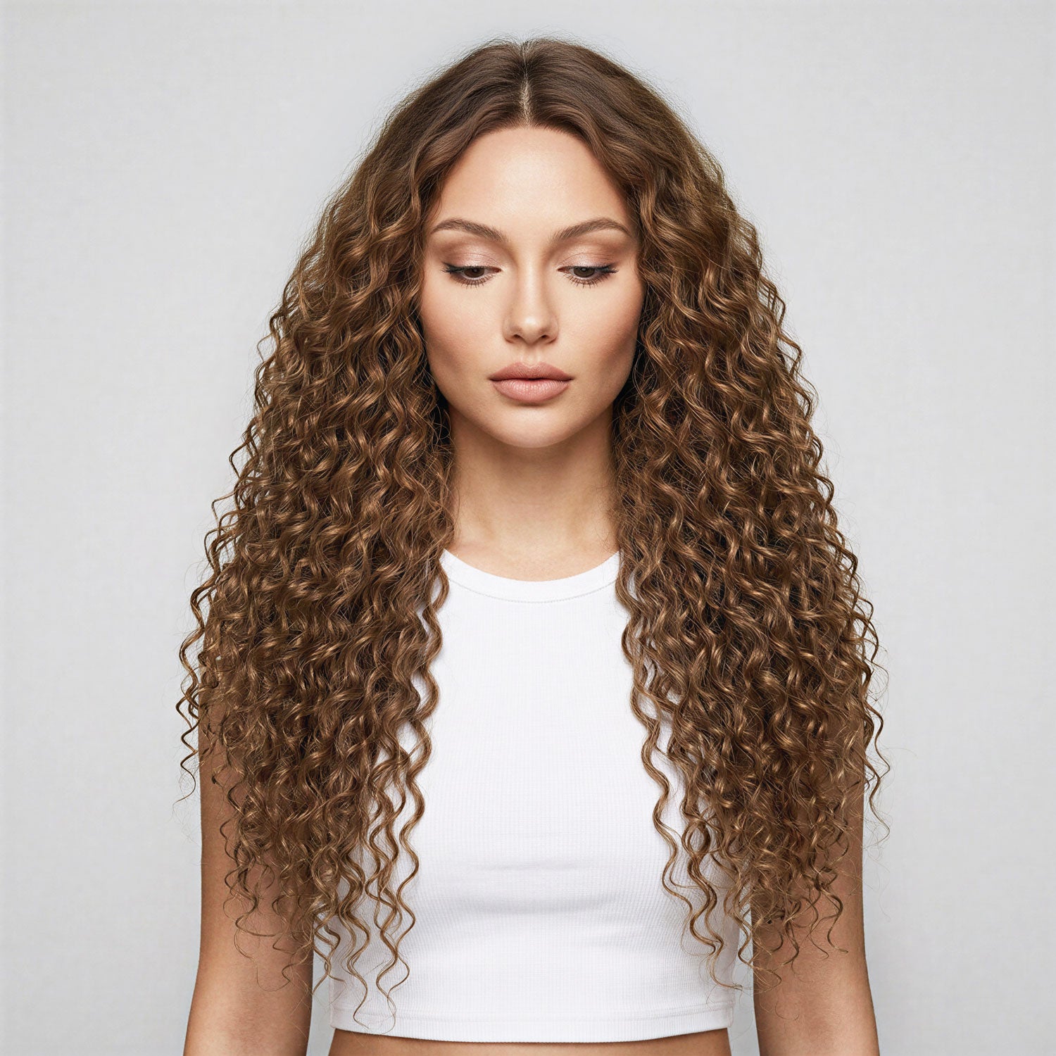 Woman with long, wavy brown hair extensions wearing a white top on a light gray background