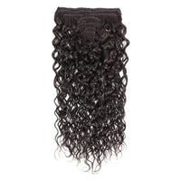 7 piece-piece dark brown to black curly hair extension bundle with deep wave curls, shown against a plain white background.