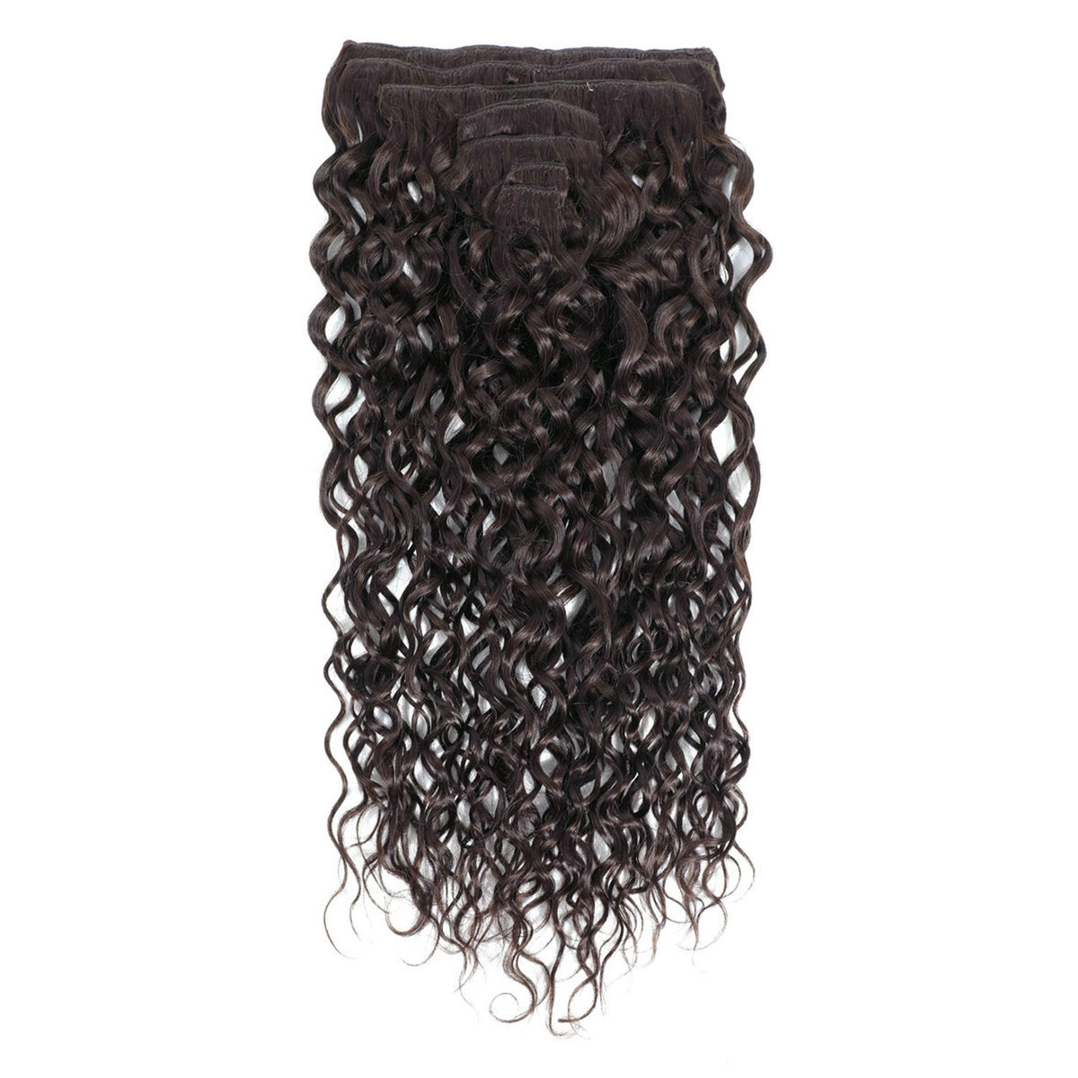 7 piece-piece dark brown to black curly hair extension bundle with deep wave curls, shown against a plain white background.