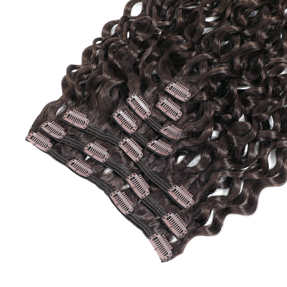 Dark brown curly hair clip-in extensions with multiple rose gold metal clip attachments, laid out on a white background.