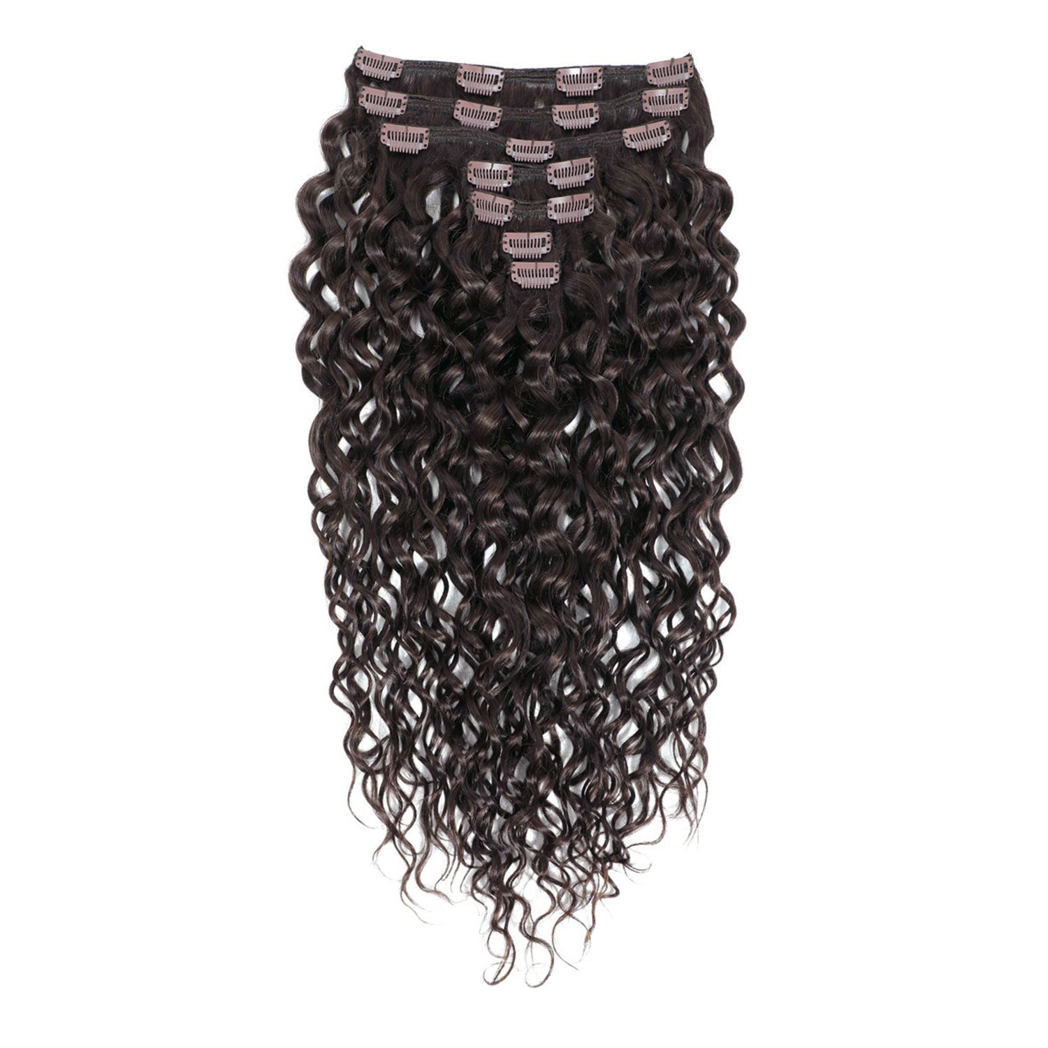 7-piece clip-in hair extension set with long, dark brown to near-black body waves and a black mesh base, shown against a plain white background.